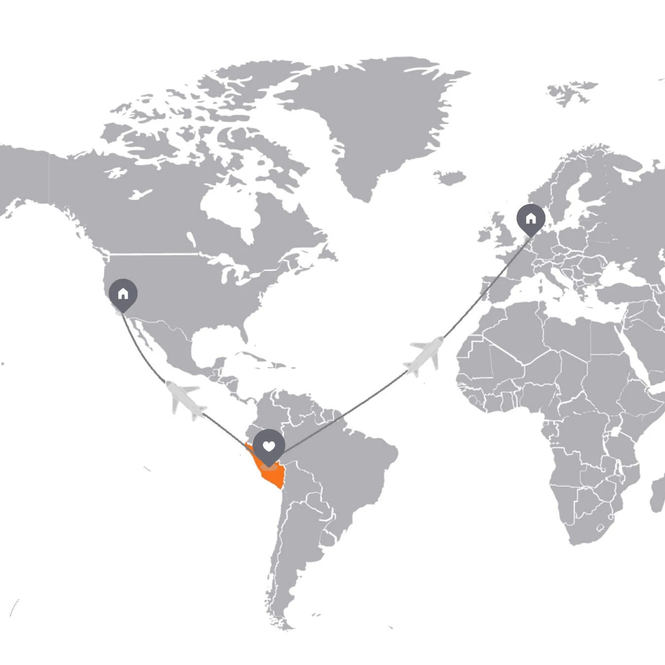 Step 5 Distribution map of the world showing single sourced alpaca wool clothes going from Peru to the US and the Netherlands